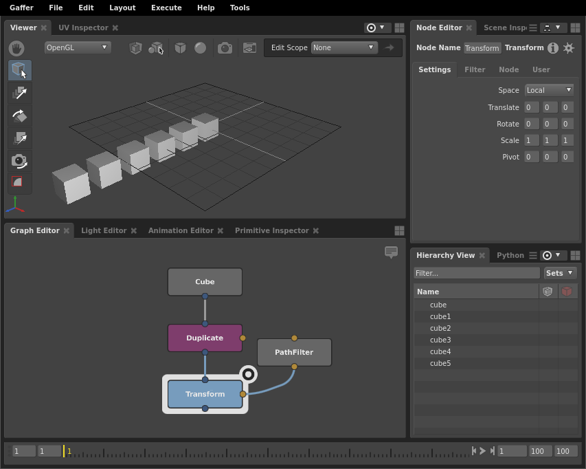 A scene with duplicated cubes in a line, without any randomization.