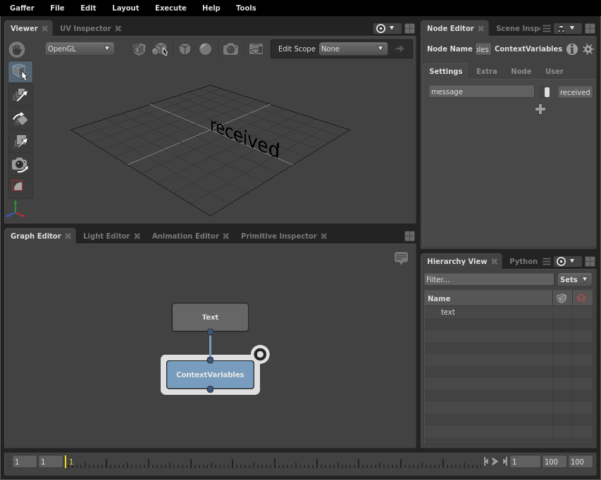 A basic scene network where a string plug substitutes a Context Variable.