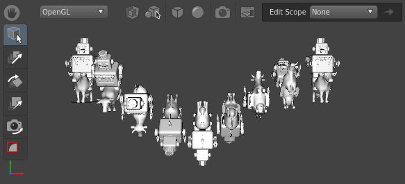A scene with multiple cowboy robots rotated along the x-axis.