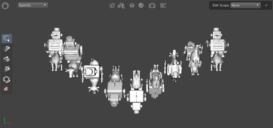 A scene with multiple cowboy robots rotated along the x-axis.