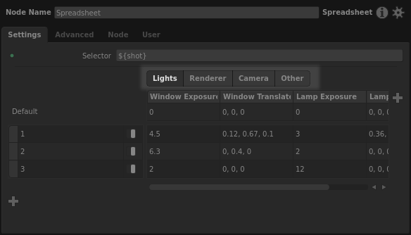 Column sections in the Spreadsheet node interface