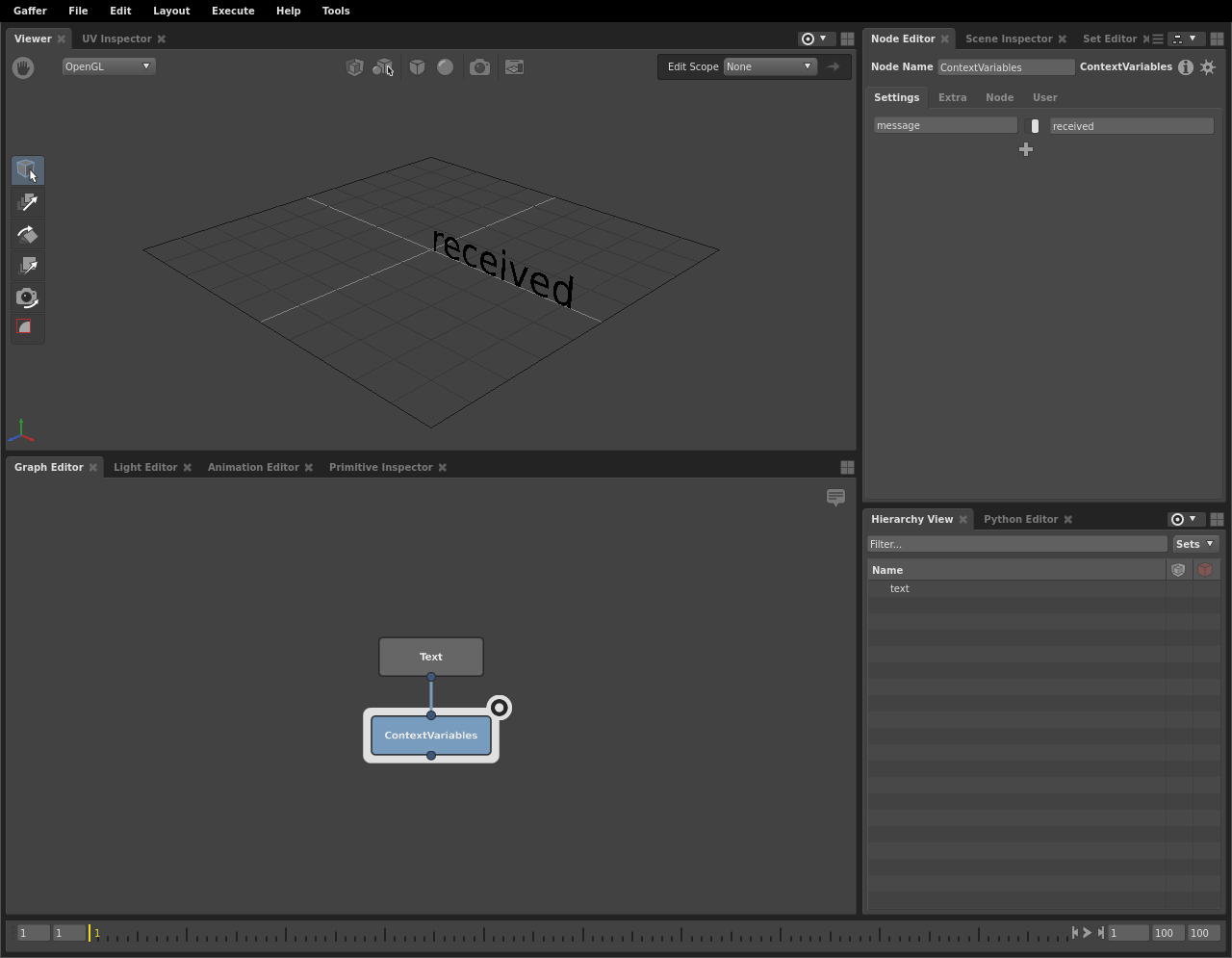 A basic scene network where a string plug substitutes a Context Variable.