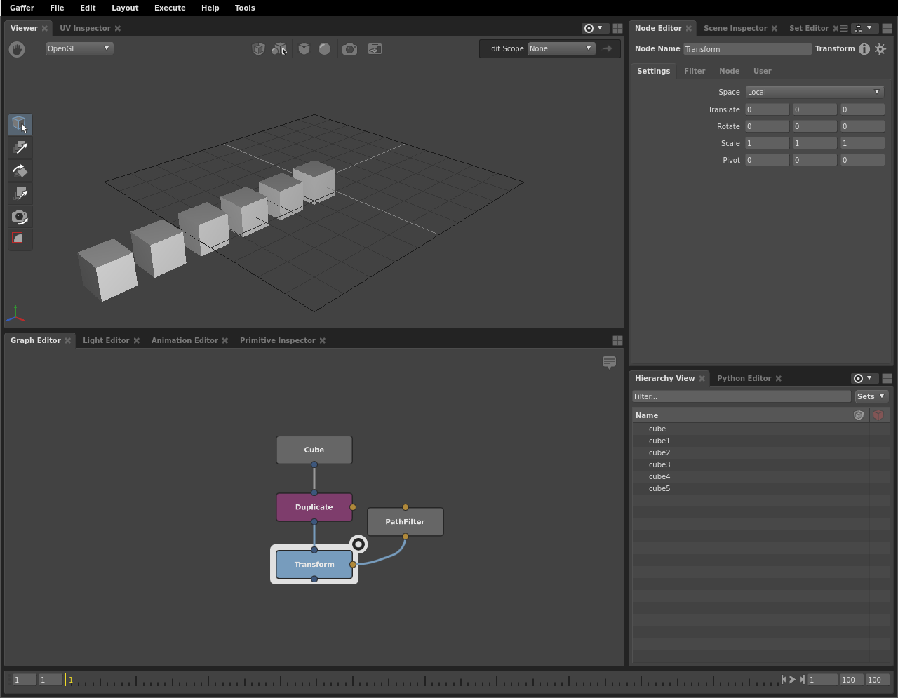 A scene with duplicated cubes in a line, without any randomization.