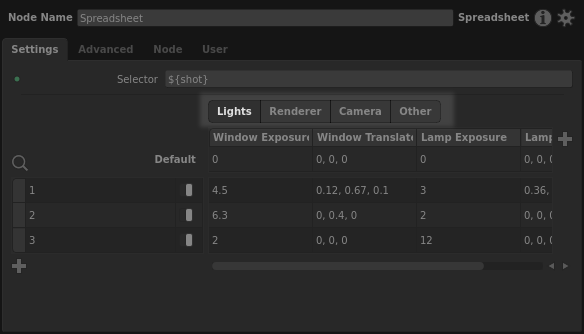 Column sections in the Spreadsheet node interface