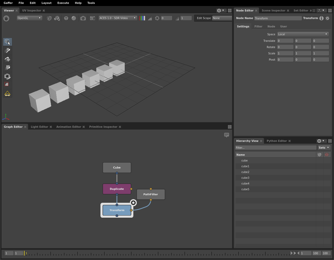 A scene with duplicated cubes in a line, without any randomization.