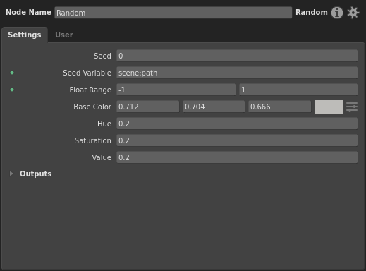 The plugs of the Random node, with the Context Entry referencing `scene:path` to vary the translation per location.