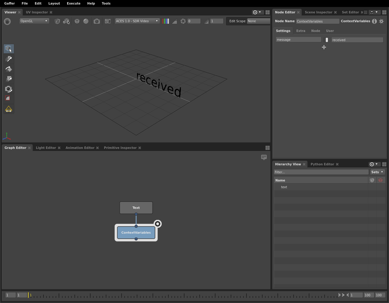 A basic scene network where a string plug substitutes a Context Variable.