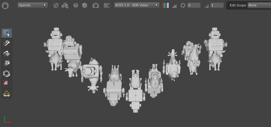 A scene with multiple cowboy robots rotated along the x-axis.