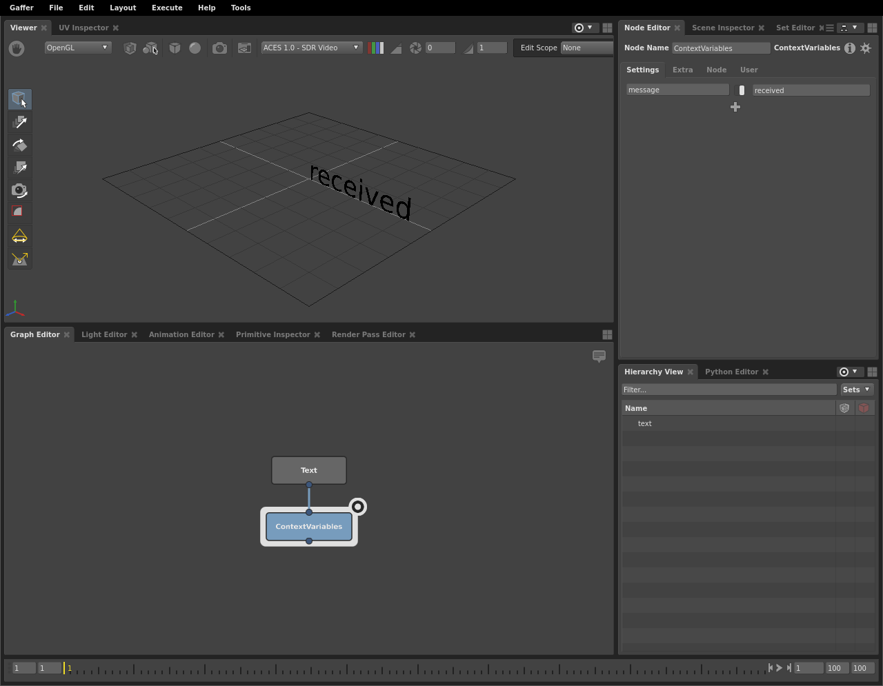 A basic scene network where a string plug substitutes a Context Variable.