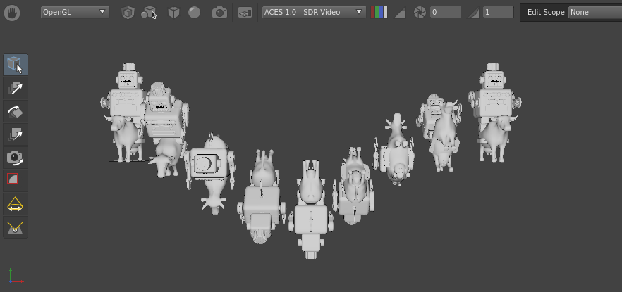 A scene with multiple cowboy robots rotated along the x-axis.
