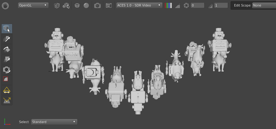 A scene with multiple cowboy robots rotated along the x-axis.