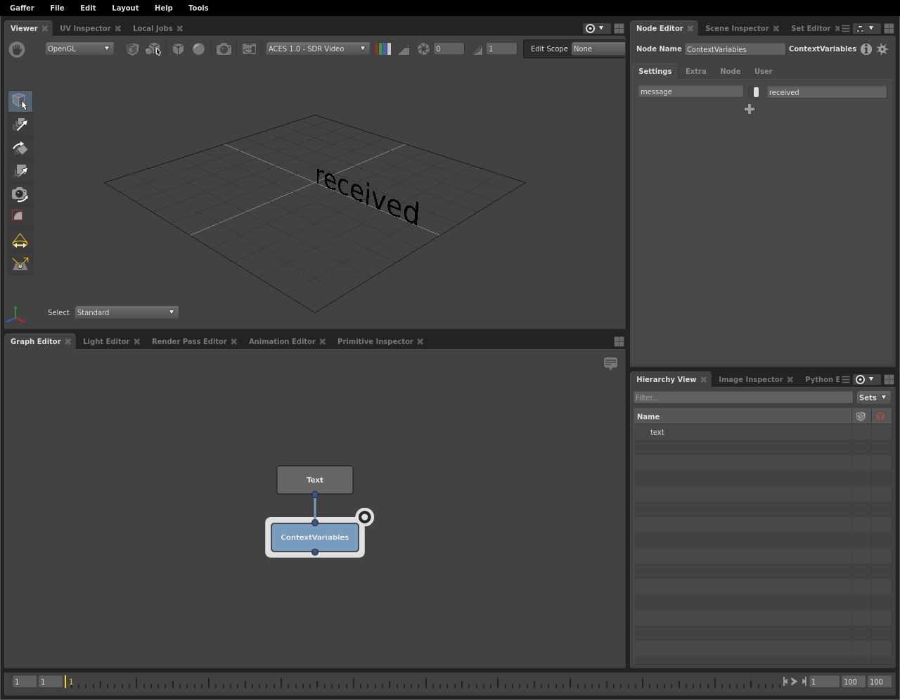 A basic scene network where a string plug substitutes a Context Variable.