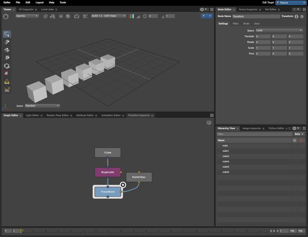 A scene with duplicated cubes in a line, without any randomization.