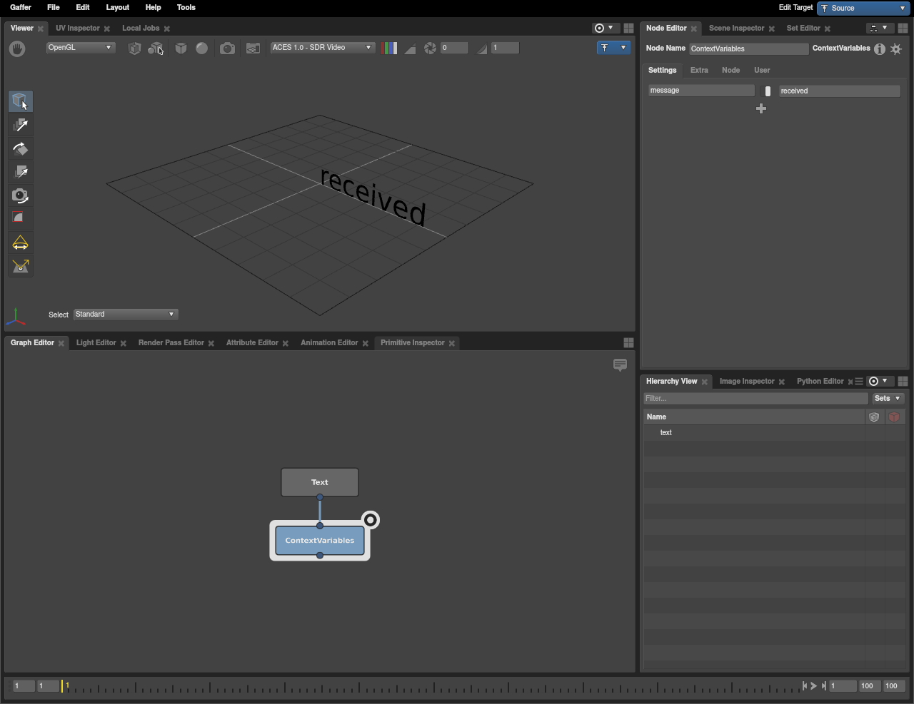 A basic scene network where a string plug substitutes a Context Variable.
