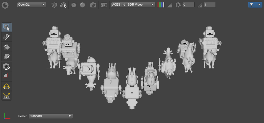 A scene with multiple cowboy robots rotated along the x-axis.