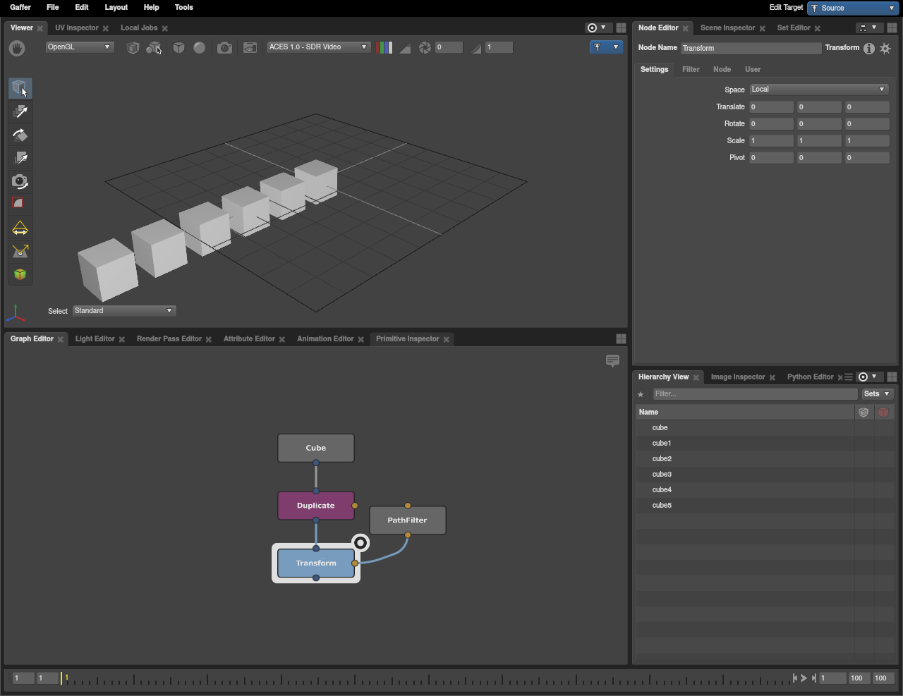 A scene with duplicated cubes in a line, without any randomization.