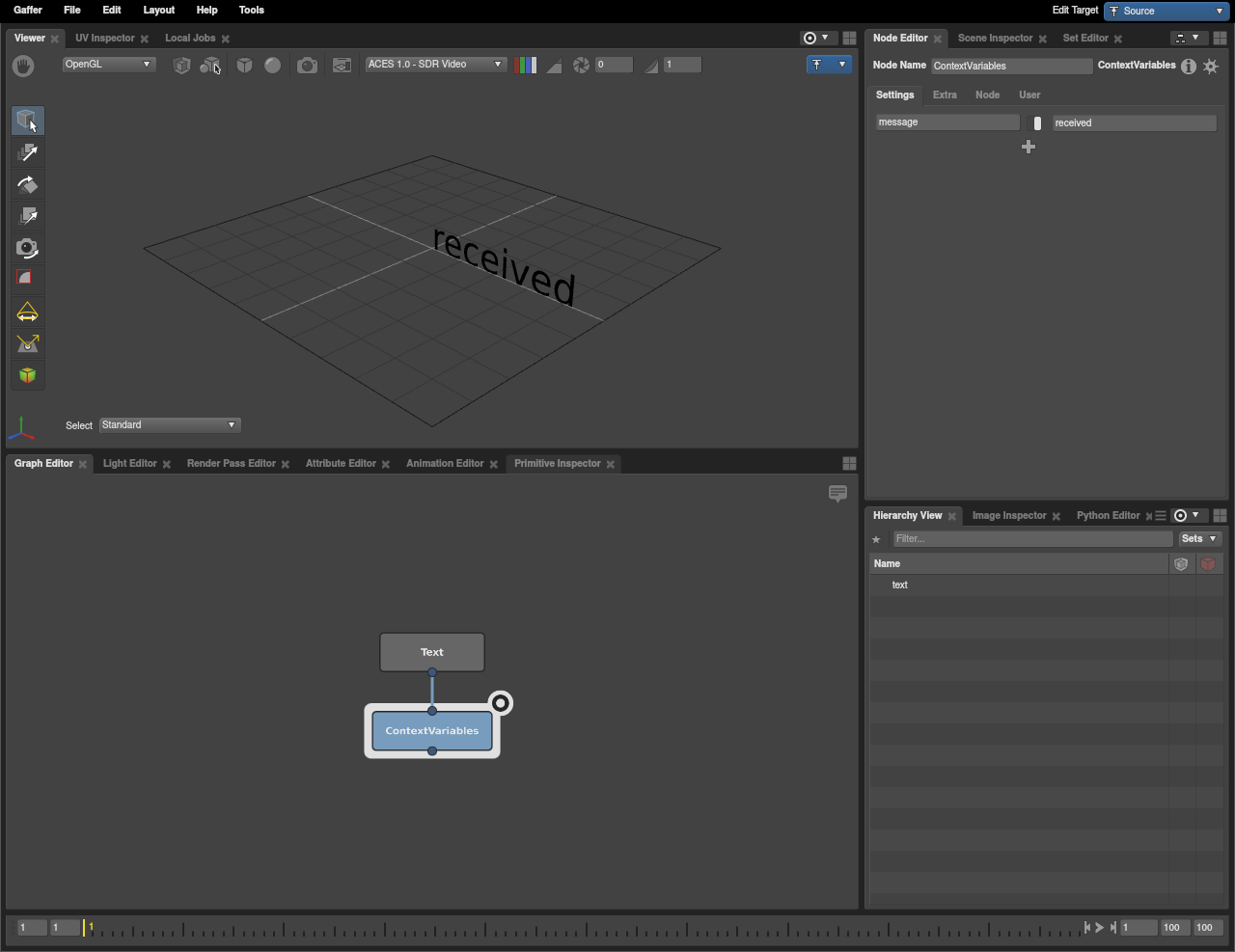 A basic scene network where a string plug substitutes a Context Variable.