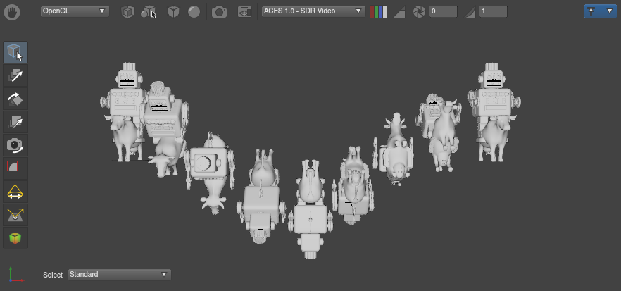 A scene with multiple cowboy robots rotated along the x-axis.