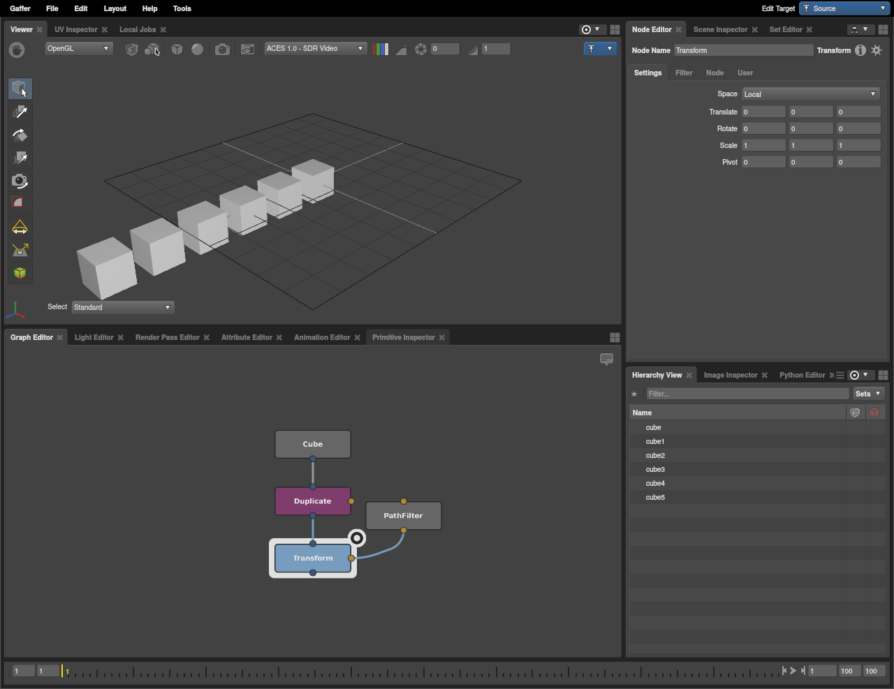A scene with duplicated cubes in a line, without any randomization.