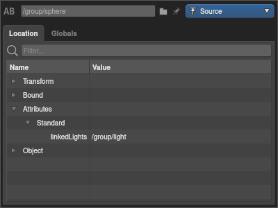 The linkedLights attribute of an object as it appears in the Scene Inspector.