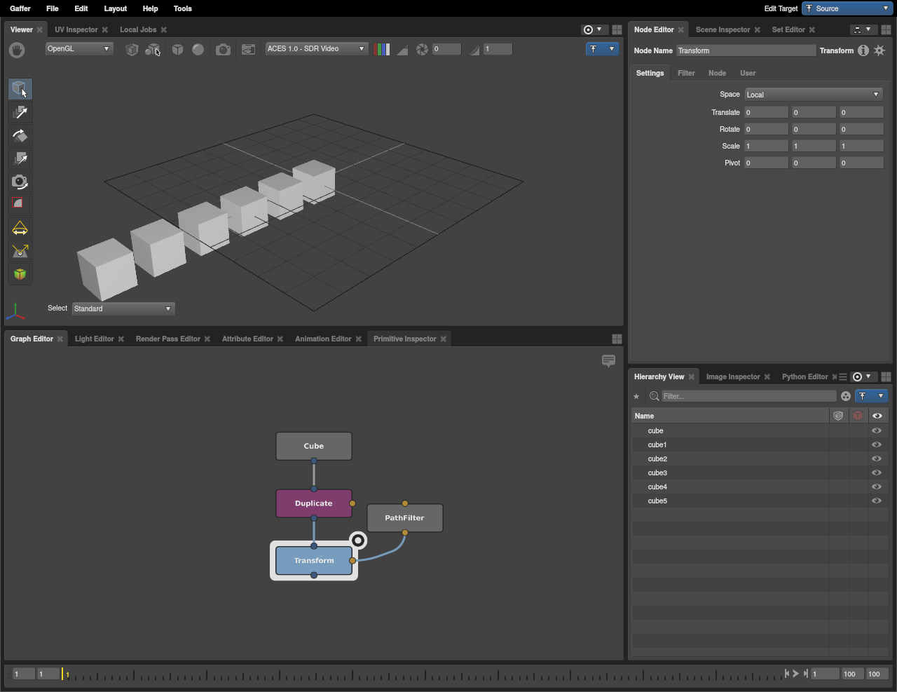 A scene with duplicated cubes in a line, without any randomization.