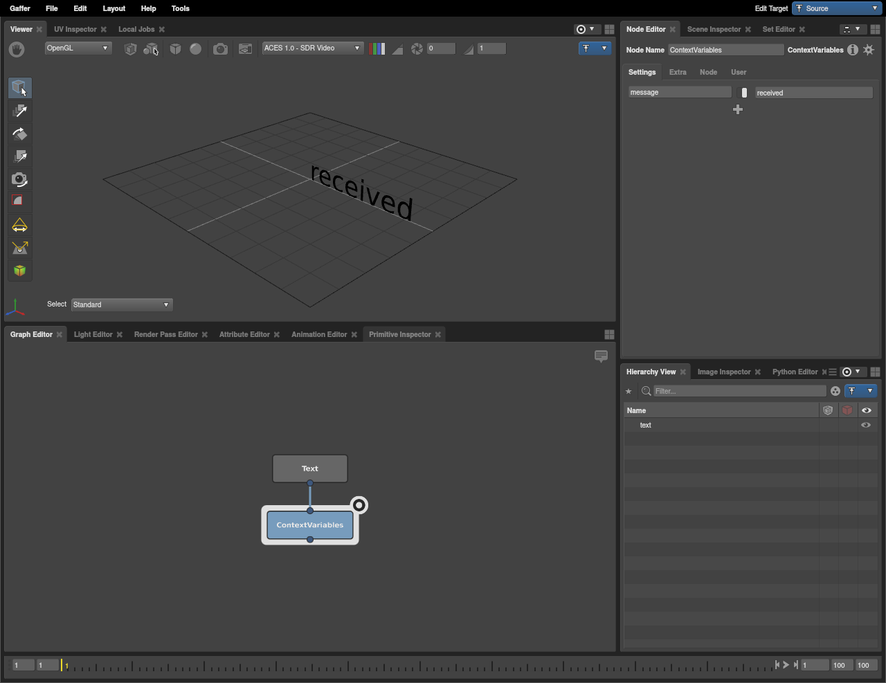 A basic scene network where a string plug substitutes a Context Variable.