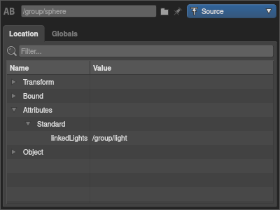 The linkedLights attribute of an object as it appears in the Scene Inspector.