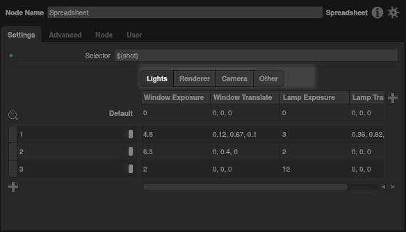 Column sections in the Spreadsheet node interface